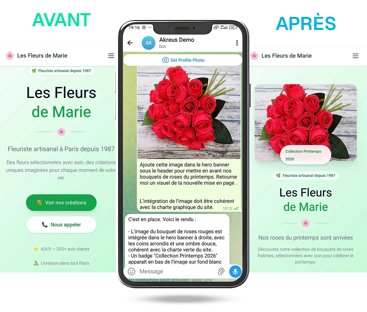 Avant / après : mise à jour du site Fleurs de Marie via un message Telegram